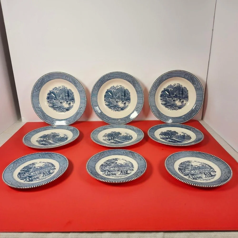 Royal‎ China Currier and Ives Blue White Plates Soup Bowls 12pcs Set Made in USA